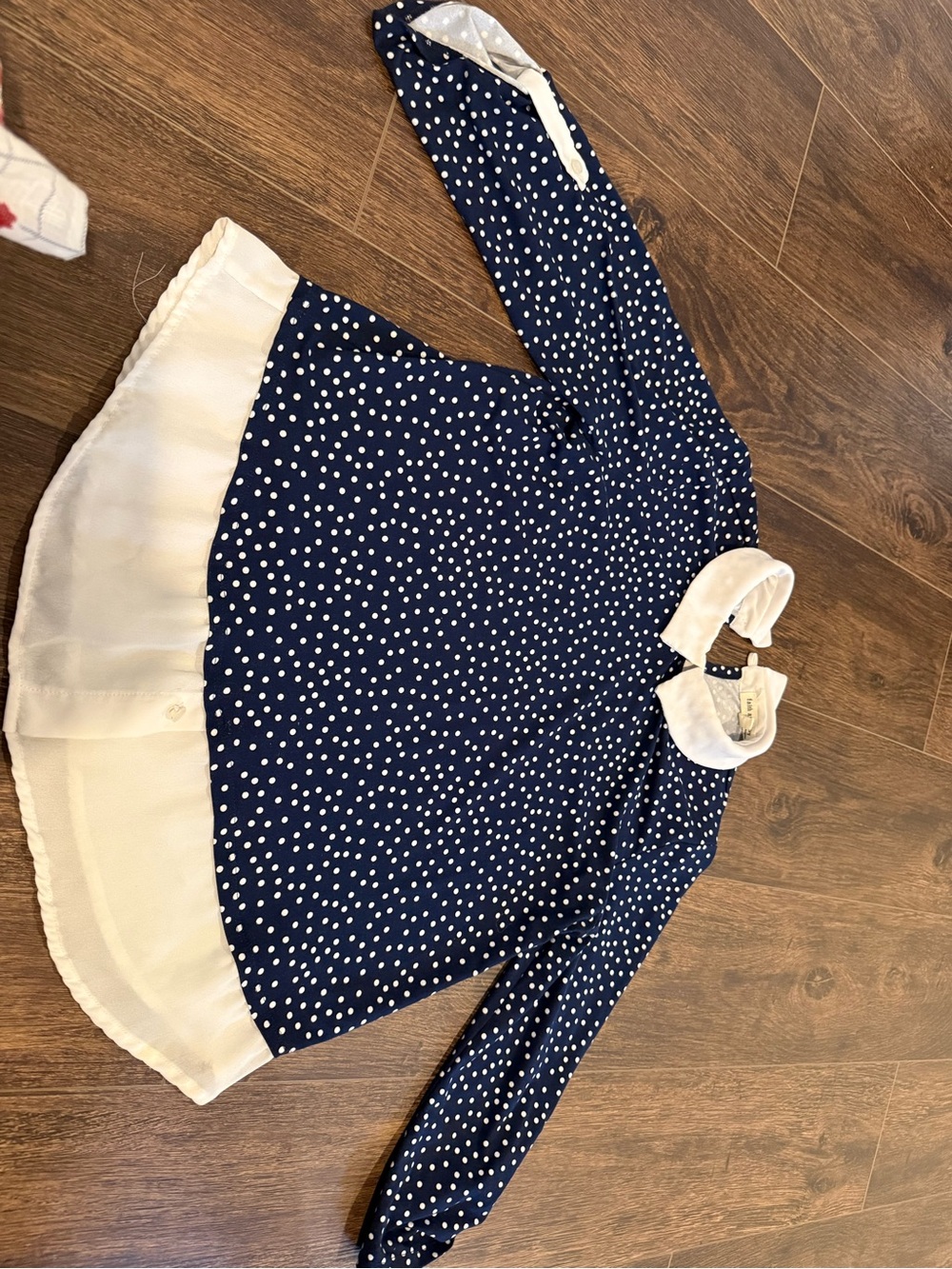 Faith and Joy Navy Polka Dot Blouse with White Trim